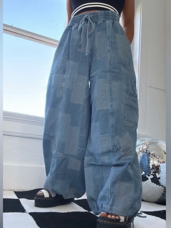 Blue Velvet Denim - Blue Velvet Denim Patchwork Drawstring Jeans